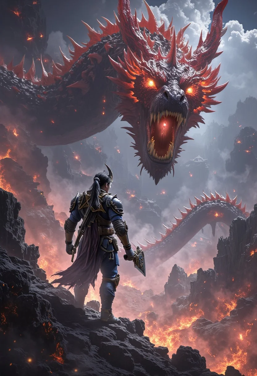 A lone warrior stands ready for battle, back facing the viewer. His armor is a blend of futuristic tech and ancient tribal designs—glowing with mysterious runes. His helmet, crafted from dark metal and bone, has a curved, horned crest, while his gauntlets hum with energy. He holds an obsidian-bladed axe with a radiant core. Ahead, a colossal serpent-dragon hybrid with molten skin and multiple heads slithers, its eyes burning with fury. The battlefield is a shattered, floating island over a molten lava sea, with fragments of ancient temples and glowing crystals hovering in the air.