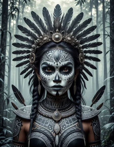 A striking and intricate Dayak art illustration of a beautiful female demon, adorned with traditional Dayak tribal patterns and jewelry. Her face is painted in dark shades, and her hair is adorned with feathers and bones. She holds a menacing weapon in each hand, and her surroundings are filled with the spirits of the forest, represented as various animals and mystical creatures. The overall artistic style is traditional, yet surreal and captivating.(art monochrome,digital art oil painting,ink,charcoal,double exposure)glass  painting<lora:luxart:1>