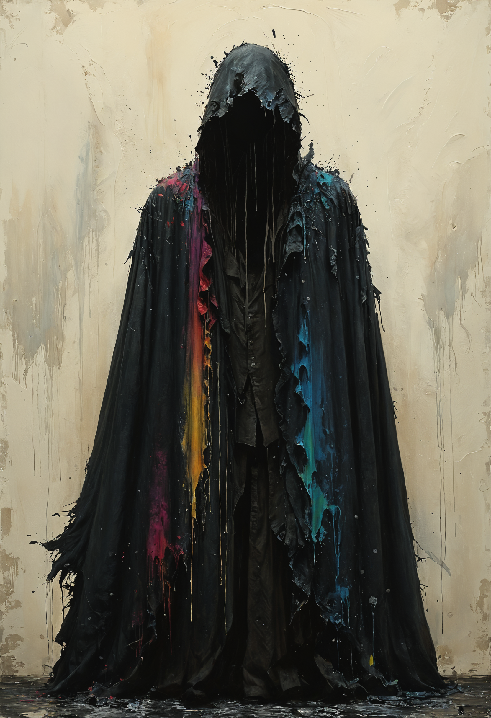 Silhouetted figure with tattered, billowing cloak, Volumetric lighting, <lora:Melting_world:0.8>, <lora:gorgoeus_splash_of_vibrant_paint:0.7> Gorgeous splash of vibrant paint