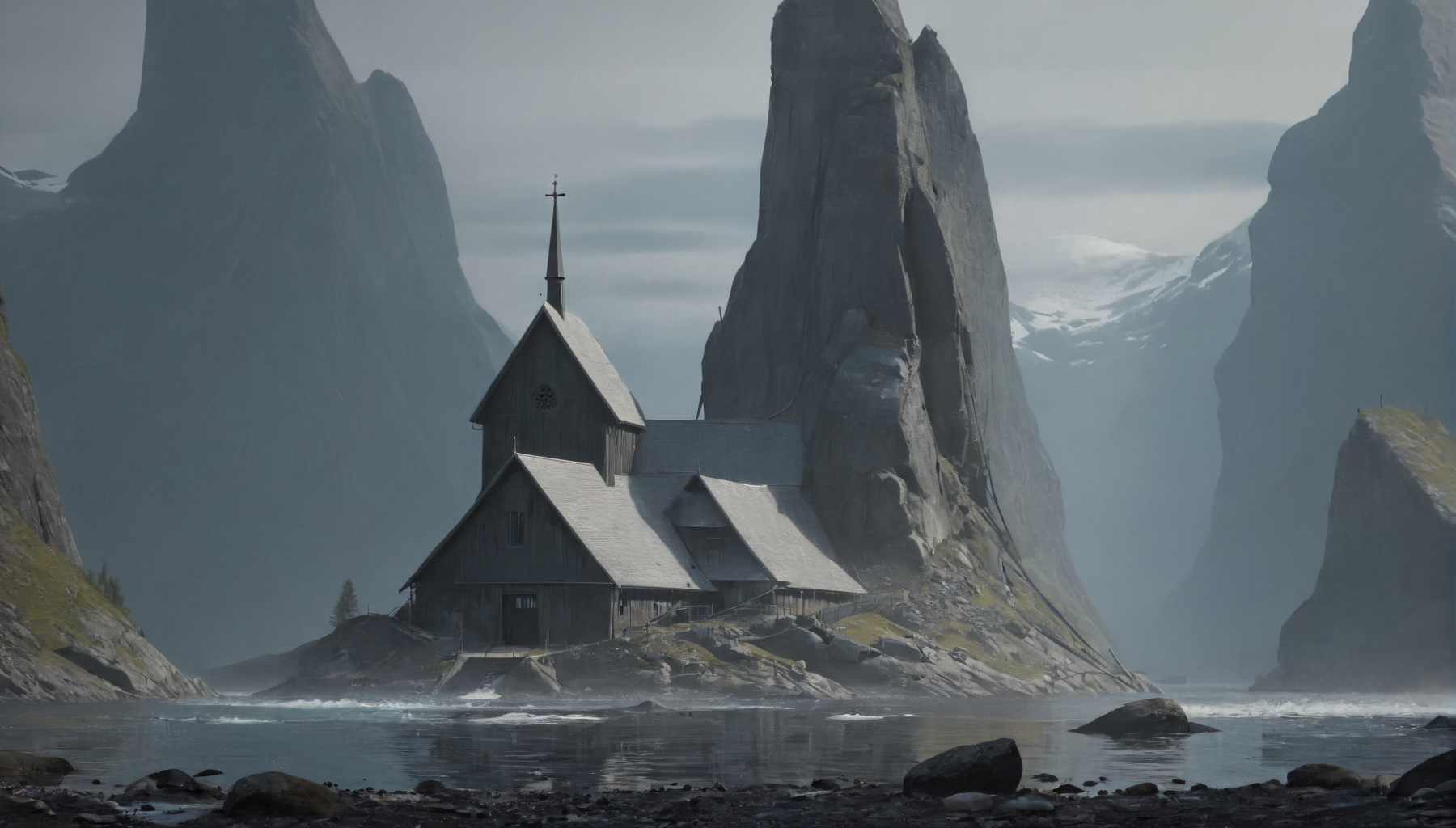 best quality, masterpiece, raw photo, 8k, uhd, cinematicpainting, a norvegian church in the middle of a norway landscape    <lora:Cinematic_Painting_XL_V02:1>