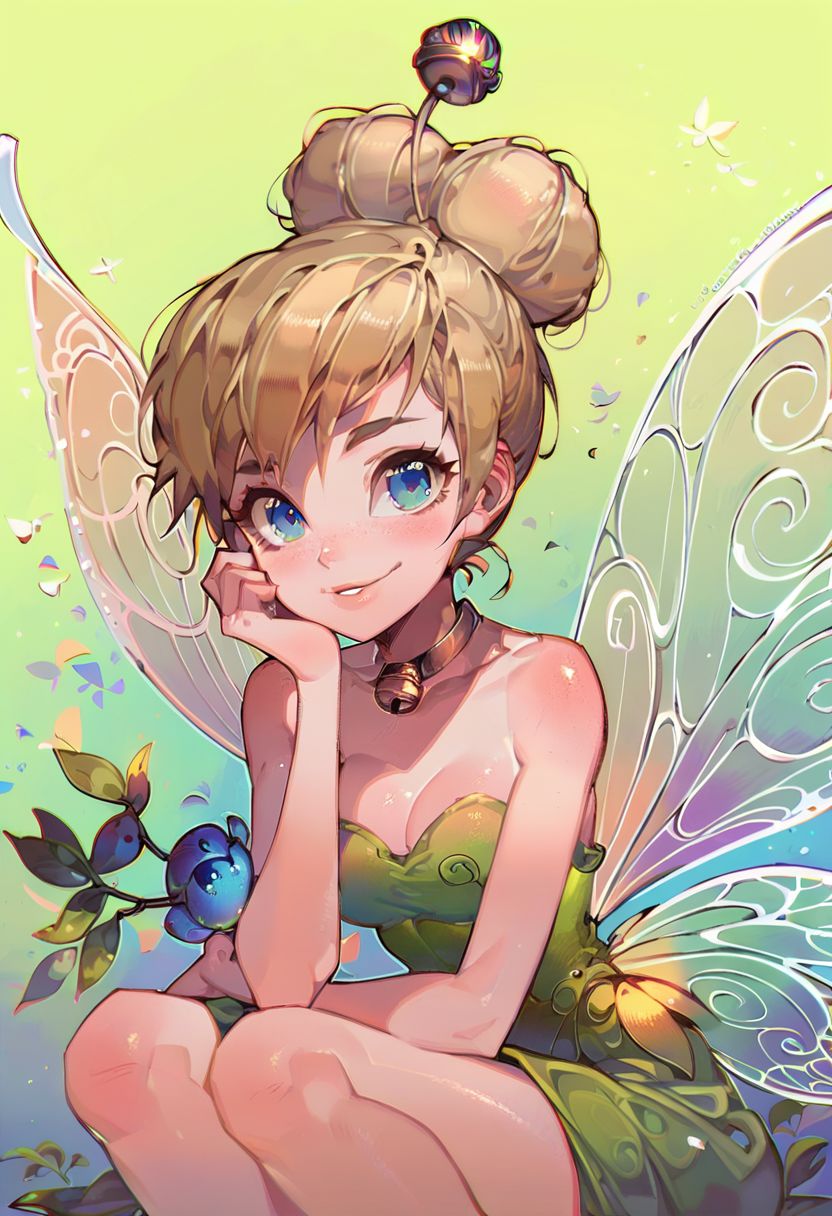 score_9,score_8_up,score_7_up,score_6_up, easynegative, Kawacy_PS, tinkerbell, 1girl, blonde hair, blue eyes, single hair bun, fairy wings, bare shoulders, sitting, smile, breasts, head rest, green dress, strapless dress, lips, cleavage, epiCPhoto