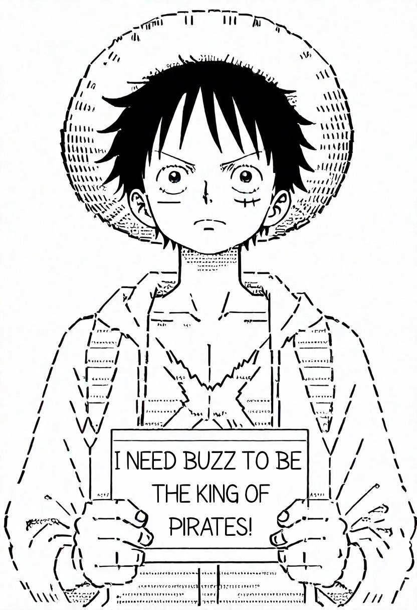masterpiece, very aesthetic, absurdres,<lora:LUFFY_pony_XL:0.6>, Luffy, jacket, scar on chest, straw hat, black hair, 1boy, solo, alone, <lora:Ascii_character_illustriousXL:0.9>, ascii_art_style, monochrome, greyscale, white background, simple background,  masterpiece, highres,need_buzz, holding sign
