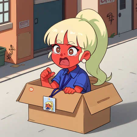 score_9, score_8_up, score_7_up, source_anime, 1girl, <lora:concept_aquascreaming_ponyXL:1> aquascreaming, screaming, open mouth, crying with eyes open, <lora:chibi_box_b0xe_v2.1:0.8> b0xe, in box, chibi, cardboard box, <lora:JackieGoingUnder-pdxl:1> jackie, blonde hair, high ponytail, long hair, blunt bangs, red skin, brown eyes, white earrings, blue shirt, collared shirt, short sleeves, lanyard, alley, city, graffiti