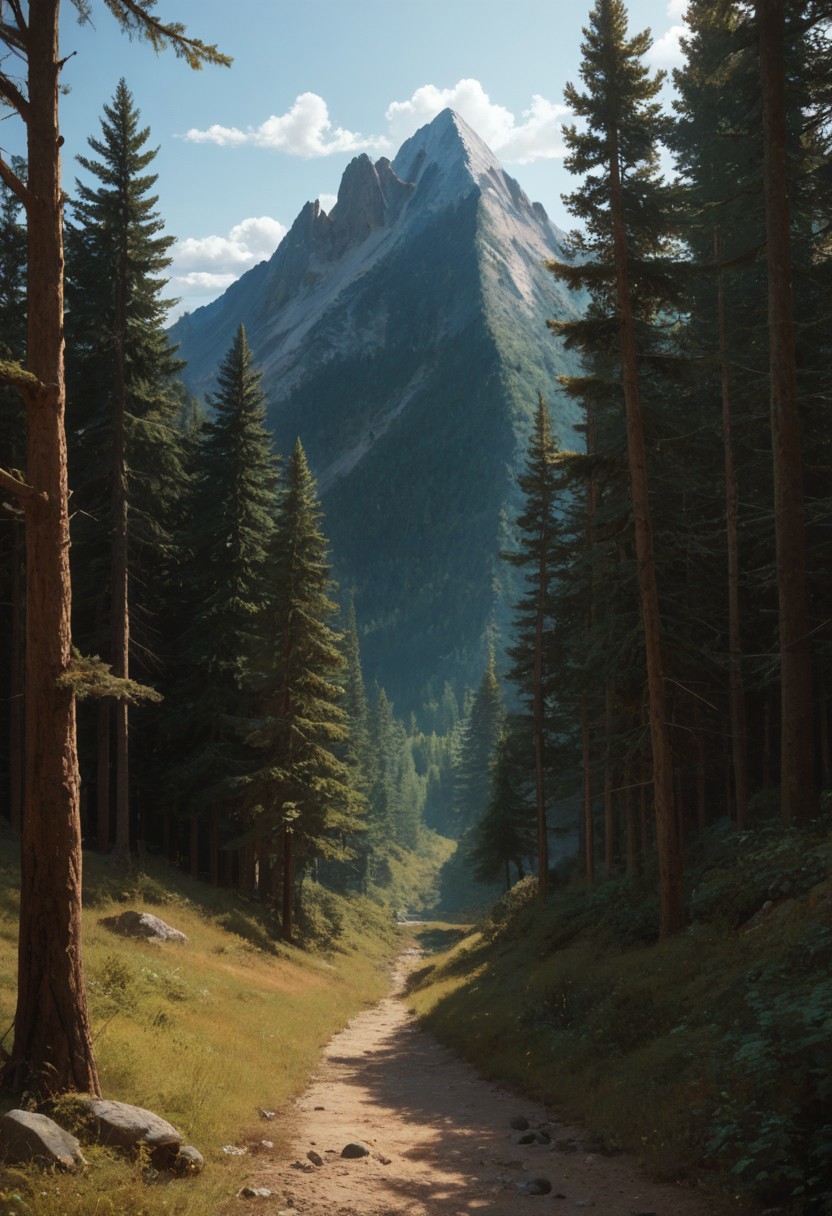Score 9, Score_8_up, Score_7_up, fine detail, ultra detail, forest, shadows, mountain, a magnificent tree dominates the center,