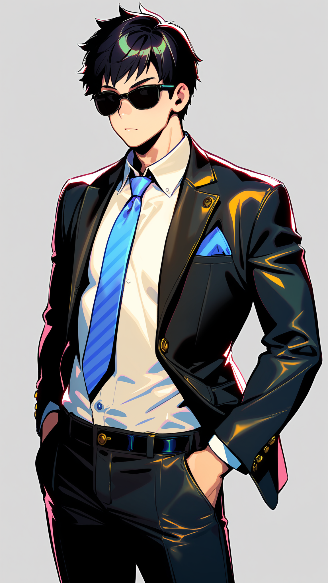 ,
masterpiece, best quality,
1boy, male focus, blue necktie, shirt, solo, crypto \(apex legends\), pants, white shirt, necktie, black hair, black pants, jacket, sunglasses, grey background, collared shirt, simple background, short hair, hands in pockets, black eyes, dress shirt<lora:anono_XL:1.5>