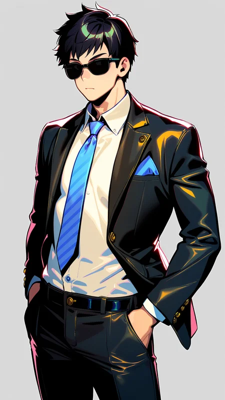 ,
masterpiece, best quality,
1boy, male focus, blue necktie, shirt, solo, crypto \(apex legends\), pants, white shirt, necktie, black hair, black pants, jacket, sunglasses, grey background, collared shirt, simple background, short hair, hands in pockets, black eyes, dress shirt<lora:anono_XL:1.5>