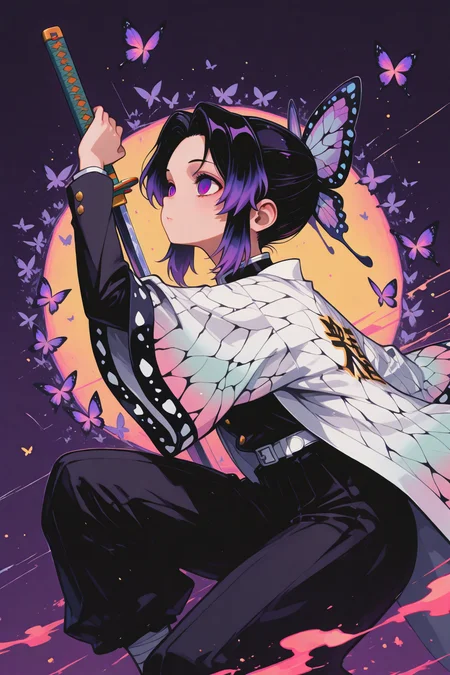 1girl , kochou shinobu, purple eyes, gradient hair, purple hair, black hair,purple butterfly background, sexy_pose,dynamic pose,holding katana,
BREAK
masterpiece, best quality ,amazing quality ,S4bit4mago_illu , xxx667_illu ,Protoneon ,in the style of Jeda,vibrant colors,
<lora:ponyv6_noobE11_2_adamW:0.3> <lora:NOOB_vp1_detailer_by_volnovik_v1:0.3> <lora:Protoneon:0.65> <lora:S4bit4mago:0.85> <lora:illustriousXL_stabilizer_v1.23:0.3> <lora:XXX477:0.5> <lora:StyleA:0.7>