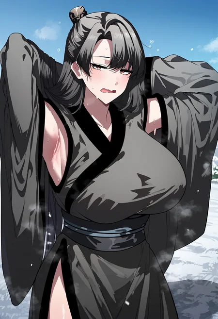score_9, score_8_up, score_7_up, score_6_up, source_anime, rating_explicit, 1girl, solo, huge breasts, <lora:Flame Ghost Demonponyxl:1> long hair, black hair, single hair bun, half updo, brown eyes, chinese clothes, black kimono, sleeveless kimono, sash, black gloves, detached sleeves, wide sleeves, black sleeves, half-closed eyes, sleepy, open mouth, wavy mouth, Narrow shoulders, heavy breathing, steaming body, snow field, outdoors, looking at viewer, close-up, standing, arms behind head,