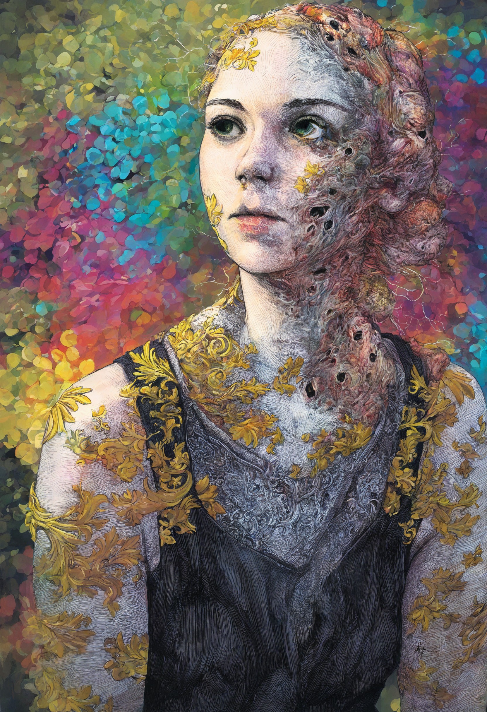 masterpiece, best quality, 1girl, casual, decay, colorful, body horror, expressionless, fine detail <lora:CarolineHarrison_V1_NoobAI:1.0>