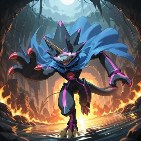 gulusgammamon, digimon (creature), no pupils, claws, glowing eyes, BREAK
solo, furry, shiny, (running, reaching_towards_viewer), open claw, open mouth, screaming, angry, (fire_breath, black_fire), BREAK
underground, caves, sewers, muddy water, BREAK
masterpiece, best quality, dutch angle:1.6, fisheye:1.4