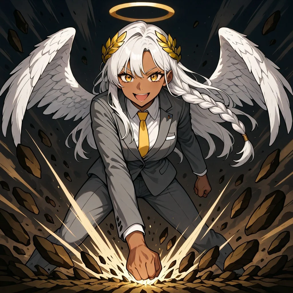 masterpiece, best quality, newest, absurdres, highres, ESPV1.0, punching, clenched hand, attack, rocks, 1girl, dark skin, dark-skinned female, grey suit, suit official attire, official clothes, nectie, yellow necktie, white hair, long hair, braid, single braid, angel, angel girl, halo, wings, angel wings, smile, happy, open eyes, golden eyes, laurel crown,