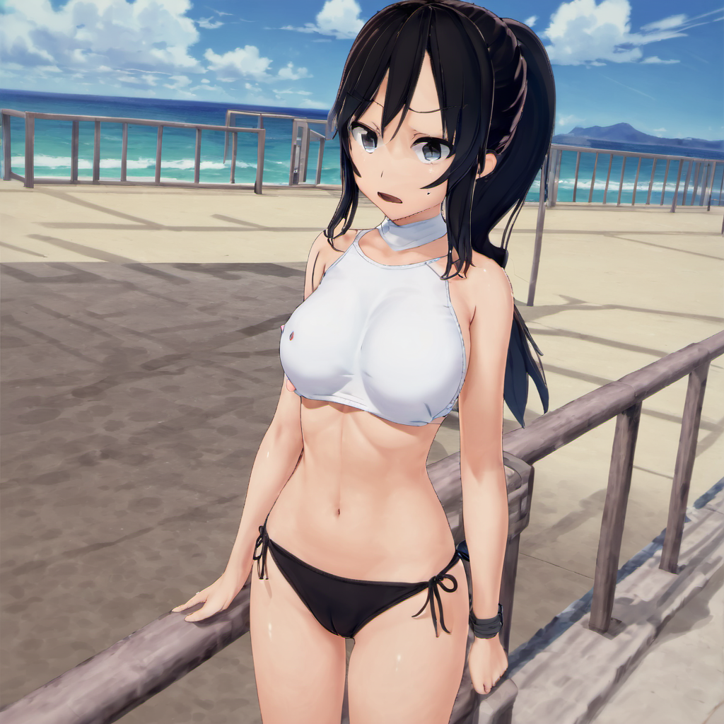 1girl, swimsuit, solo, bikini, black hair, outdoors, ocean, day, navel, cleavage, bangs, looking at viewer, long hair, sky, scowl, black bikini, blue sky, side-tie bikini bottom, cloud, cowboy shot, tsundere, front-tie top, angry, ponytail, collarbone, railing, large breasts, thigh gap, closed mouth, horizon, front-tie bikini top, water, bare shoulders, beach, white tshirt, <lora:Yumi_Yamaguchi:1>
