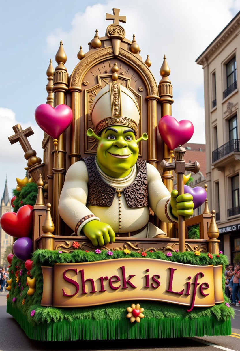 Realistic photograph capturing a vibrant, detailed Shrek dressed as the pope, themed parade float including banner with text "Shrek is love! Shrek is Life"