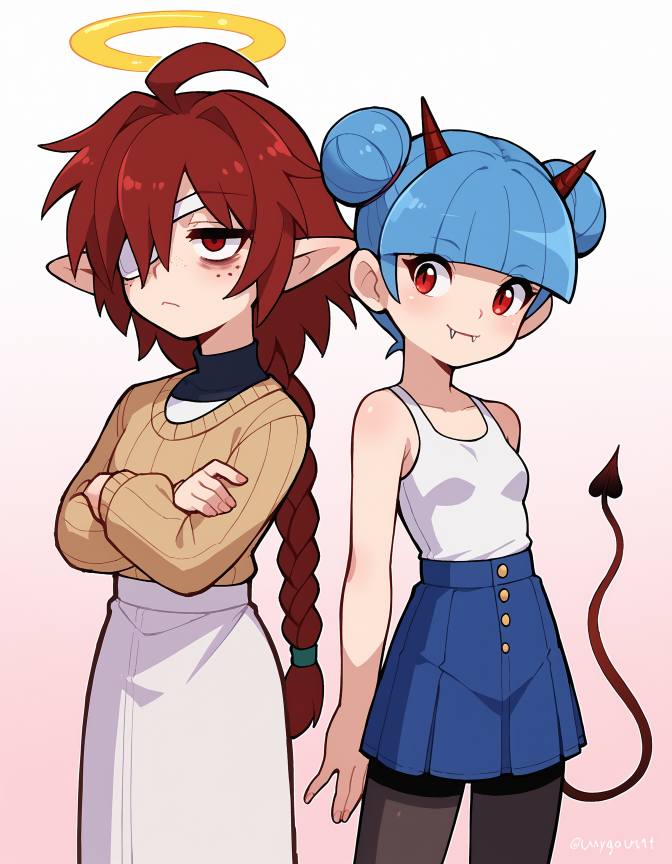 zPDXL, score_9, score_8_up, score_7_up, source_anime, flat color, 2girls, stkyswt, sketch, back-to-back, <lora:BackToBack_XLPD:0.8>, <lora:StickySweet_v3:1>, <lora:Nullantwins:0.8>, (Lynn, red hair, red eyes, (hair over one eye), braided ponytail, halo, freckles, bags under eyes, jitome, ahoge, pointed ears, flat chest, eyepatch), sweater, long skirt, white pantyhose, portrait,
zPDXL, score_9, score_8_up, score_7_up, source_anime, flat color, 2girls, stkyswt, sketch, back-to-back, (Zhuu, blue hair, red eyes, pointed ears, red horns, horns, demon tail, small breasts, fangs out, double bun, short hair, blunt bangs), tank top, (skirt), black pantyhose, portrait,