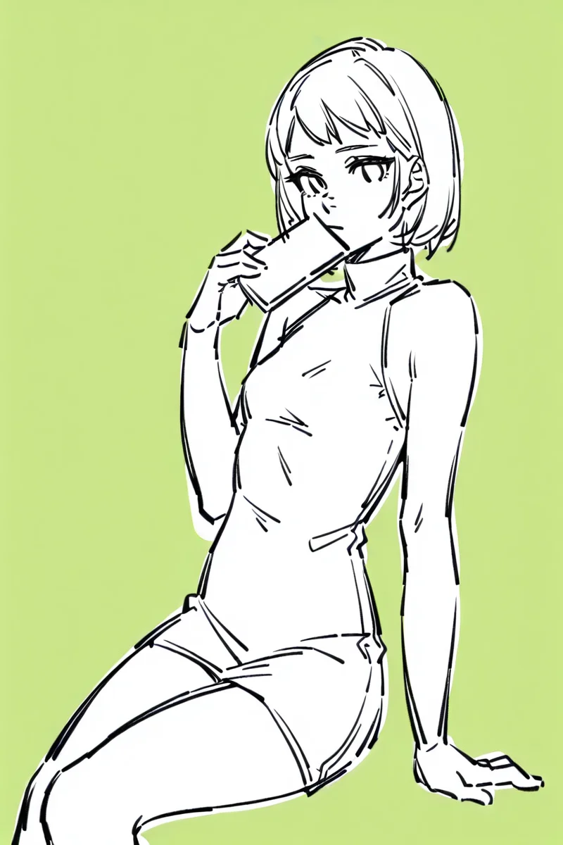 <lora:Sktchst_IL:1> sktchst, 1girl, solo, short hair, monochrome, holding, simple background, arm support, sitting, looking at viewer, breasts, small breasts, bare shoulders, green background, sketch, turtleneck, sleeveless