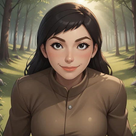 score_9, score_8, BREAK, solo, wii, mii, wii sports, 1girl, female mii, black eyes, black hair, brown eyebrows, lips, brown clothing, white pants, shoes, nintendo mii, modern_mii, classic_mii, breasts, misaki_\(\\wii_sports\\\), cute, blush, sexy pose, smile, outdoors, sunlight, shadows, evening lighting, natural lighting, forest, trees, grass, orange sky, sunset
