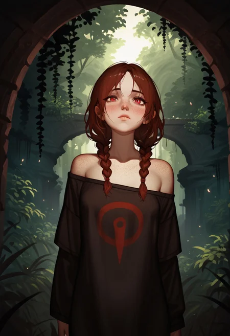 score_9, score_8_up, score_7_up, score_6_up, score_5_up, score_4_up, 1girl, blushing profusely red, 1girl,mysterious girl with freckles,an exotic Polinesian girl in off-shoulder shirt, Hairs in two braids, fading backlit background,pastel colors,surreal, detailed, bokeh, perfect balanced, deep fine borders,artistic photorealism, smooth, whole body view, jungle background, temple, sexy, (tanlines:0.4), sharp, very detailed, 4k