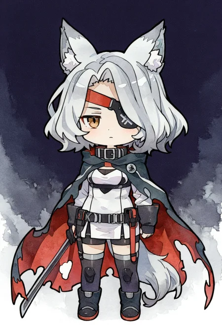 masterpiece, best quality, cel-shaded, anime style, thick black outlines, lineless shading, watercolor, watercolor texture, wolf spirit background,
1girl, solo, chibi style, full body, short grey hair, animal ears, eyepatch, torn cape, black collar, white dress, black shorts, thigh highs, bored expression,