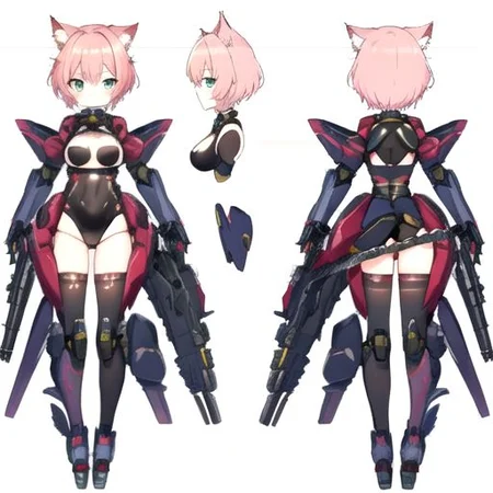 anime, 1girl, mecha girl. pink short hair, cat ears, mecha body, , android, mecha leotard, mech armor, small boobs, model sheet, chara-sheet, simple background, thigh, catgirl tail, character,