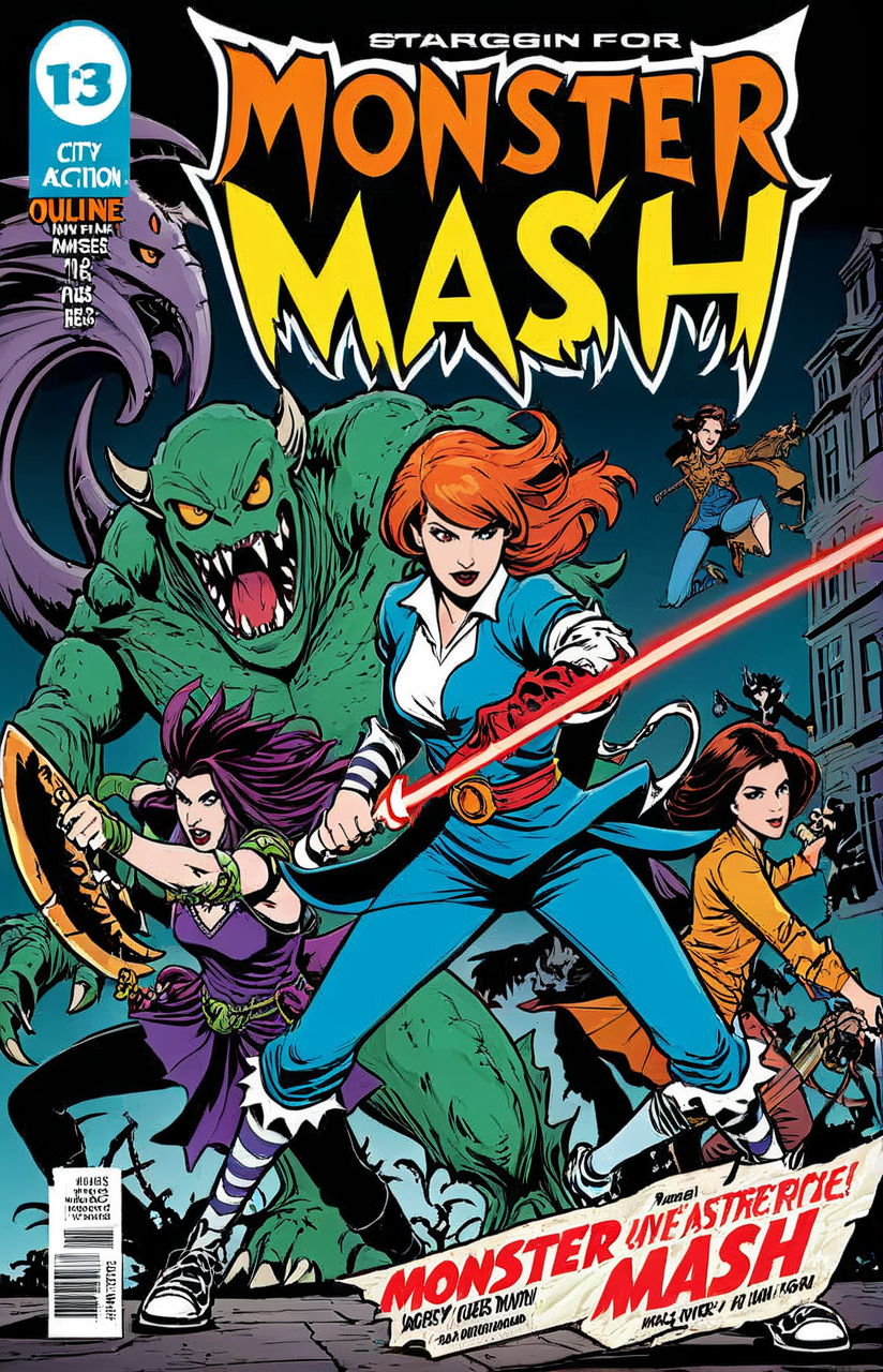 a comic cover of a heroine fighting monsters, text "Monster Mash", outline, best quality, masterpiece, cbcmkrsdxl, comics logo,  <lora:cbcmkrsdxl:0.9>,  city, action, punch