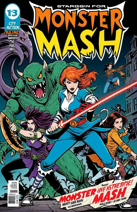 a comic cover of a heroine fighting monsters, text "Monster Mash", outline, best quality, masterpiece, cbcmkrsdxl, comics logo, <lora:cbcmkrsdxl:0.9>, city, action, punch