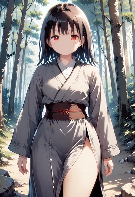 score_9, score_8_up, score_7_up, 1girl,FujisakaLP,high definition eyes, (masterpiece), (best quality), (ultra detailed),(disheveled hair),(illustration), (best shadow), detail1eye, wide thighs, wide hips, beautiful girl in gray robe standing in the dark forest, epic style, octane render, desert composition, beautiful face, hyperrealistic, award-winning, masterpiece, trending on artstation, by Studio Ghibli