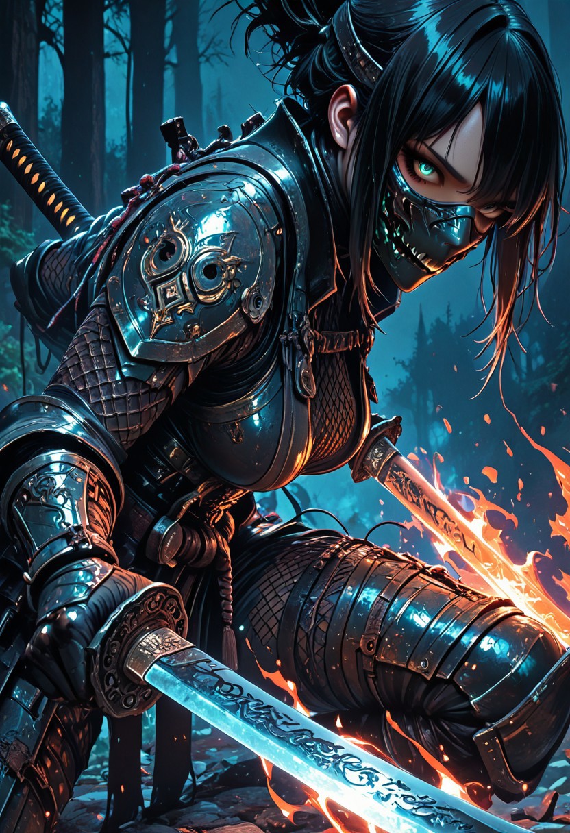 (masterpiece), (best quality), (8k), 1girl, cinematic lighting, dynamic action pose, highres, very detailed, amazing quality, masterpiece, fujimoto_tatsuki, fujimoto_tatsuki_(style), 
very aesthetic, intense,
particle effect,
1girl, shadowheart, samurai, solo, layered samurai armor, engraved, bodysuit, tight clothing, fishnets, sleeveless, futuristic armor, runic symbols etched in armor, armored legs, full mask, halfmask, flaming katana, 
assassin theme, japan theme,
looking at viewer, tough pose,
mountains, 
at night, night, close up, closeup,