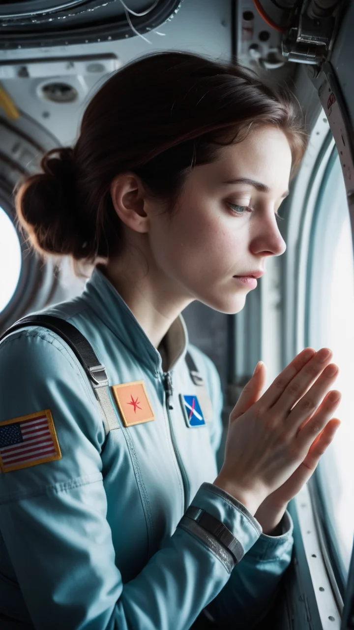 Envision a scene that transcends the boundaries of photography, where a woman's deep melancholy is as tangible as the space she occupies. She is adrift inside a space station, her presence a poignant contrast against the mechanical backdrop. Her gaze, lost in the vastness of space, speaks volumes of unspoken stories. Focus intently on her hands - pale, almost ethereal, they are captured in an emotive gesture, perhaps tracing the cold glass of the window or floating gracefully in zero gravity. These hands are not just part of her; they are storytellers in their own right. The image should be infused with the distinct qualities of a shot taken on a Canon 5D Mark IV with Kodak Ektar film - the colors are deep and resonant, the details are sharp yet possess an organic quality, and there's a subtle grain that adds a layer of depth and authenticity. This isn't just a photograph; it's a moment of raw emotion, frozen in time, inviting the viewer to not just see, but to feel.