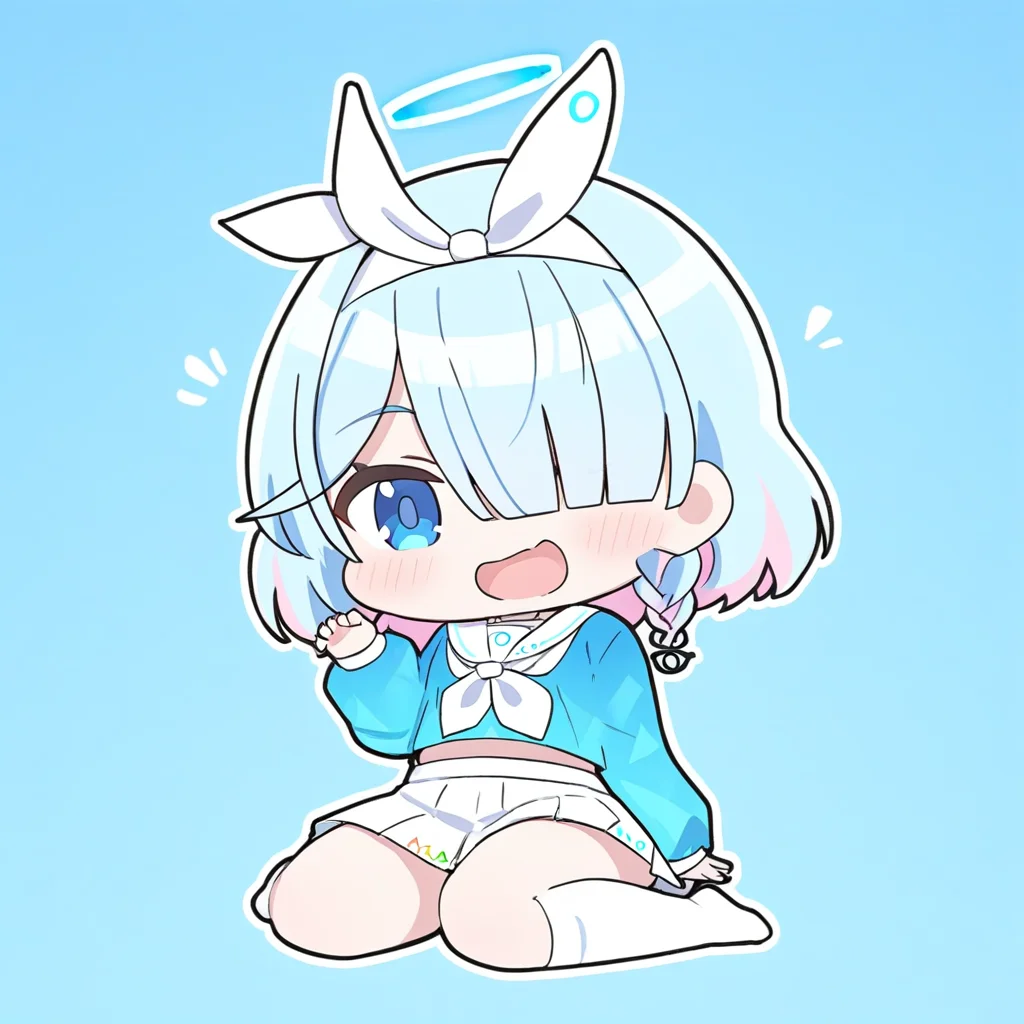 arona\(blue archive\),arona (blue archive),
(chibi:1.35),1girl,solo,
masterpiece,best quality,
halo,blue eyes,laughing,blue school uniform,serafuku,skirt,neckerchief,claw_pose,wariza,<lora:plana_(blue_archive)-delta-lokr:1>,