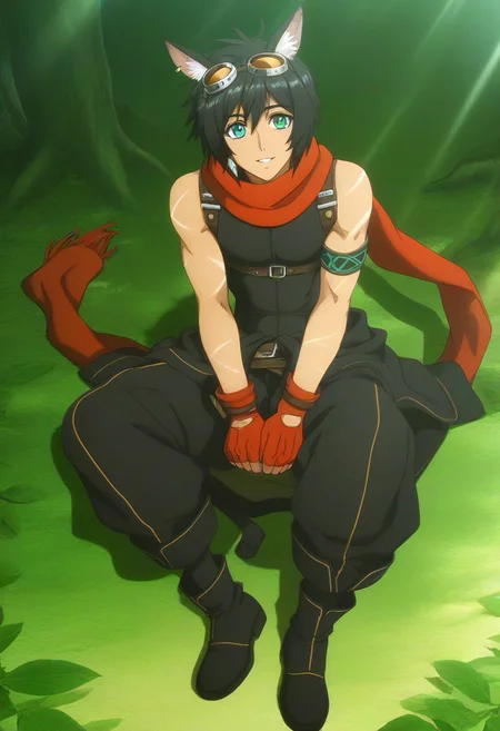 Anime, anime screencap, anime coloring, official art, 1male only, 1boy only, male focus, tall body, tall height, lean figure, toned body, Courier, black hair, animal ears, goggles on head, blue green eyes, long white earring, see-through sleeveless shirt, chest harness, long red scarf, single armband, arm scars, fingerless red gloves, black jacket tied around waist, orange accents, baggy cropped pants, criss cross double belts, black socks, black boots, orange accemts, full body shot, fantasy land background, fantastical scenery, forest, sun rays through leaves shadows, dramatic lighting, happy, parted lips, gentle expression, sitting on ground, view from above