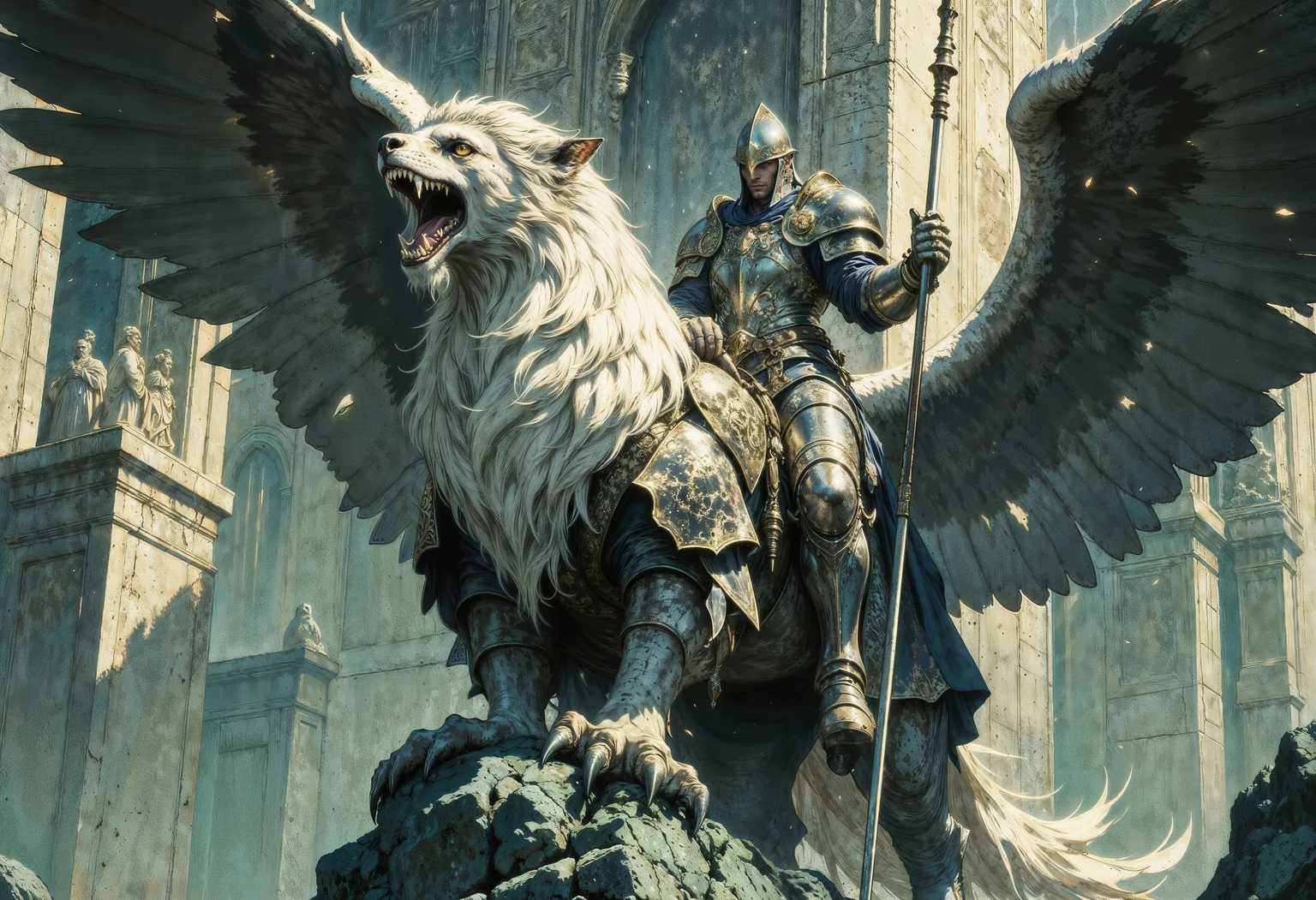 a knight in shining armor riding a large, majestic griffin. The knight is clad in silver armor with intricate detailing, holding a long spear. The griffin, a mythical creature with the body of a lion and the head and wings of an eagle, is depicted with detailed feathers and a powerful stance. The background features towering stone structures with classical architectural elements, such as columns and statues, suggesting an ancient or mythical setting. The lighting is dramatic, casting shadows that enhance the epic and adventurous atmosphere of the scene. The color palette is dominated by cool tones, with shades of gray, blue, and hints of green, contributing to the mystical and grandiose feel of the artwork. <lora:RetroAnimeFluxV1:0.8> <lora:Elden_Ring_-_Yoshitaka_Amano:0.75> <lora:FluxMythG0thicL1nes:0.4> <lora:ck-painterly-fantasy:0.2> <lora:flux.1_lora_ink-dynamic:0.2> <lora:Mezzotint_Artstyle_for_Flux_-_by_Ethanar:0.2>