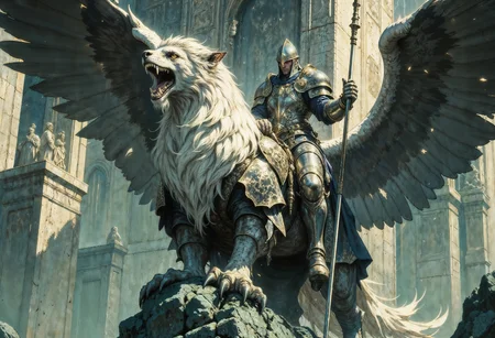 a knight in shining armor riding a large, majestic griffin. The knight is clad in silver armor with intricate detailing, holding a long spear. The griffin, a mythical creature with the body of a lion and the head and wings of an eagle, is depicted with detailed feathers and a powerful stance. The background features towering stone structures with classical architectural elements, such as columns and statues, suggesting an ancient or mythical setting. The lighting is dramatic, casting shadows that enhance the epic and adventurous atmosphere of the scene. The color palette is dominated by cool tones, with shades of gray, blue, and hints of green, contributing to the mystical and grandiose feel of the artwork. <lora:RetroAnimeFluxV1:0.8> <lora:Elden_Ring_-_Yoshitaka_Amano:0.75> <lora:FluxMythG0thicL1nes:0.4> <lora:ck-painterly-fantasy:0.2> <lora:flux.1_lora_ink-dynamic:0.2> <lora:Mezzotint_Artstyle_for_Flux_-_by_Ethanar:0.2>