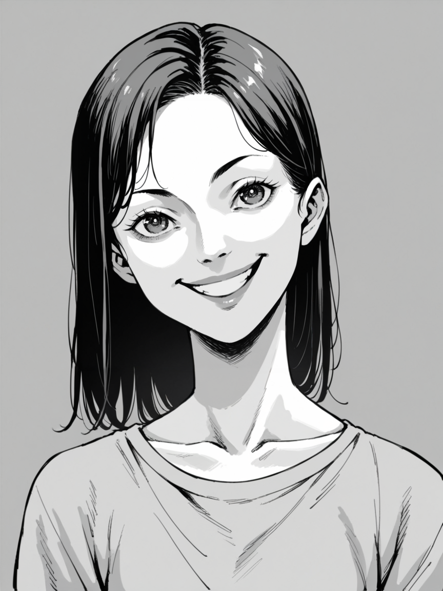 score_9, score_8_up, score_7_up, score_6_up,  <lora:junj11t0XLP:1> junj11t0, junji ito, monochrome, manga, 1girl, smile