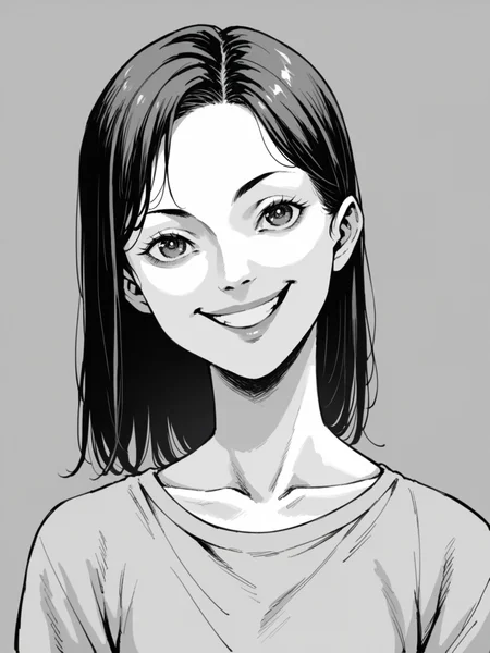 score_9, score_8_up, score_7_up, score_6_up, <lora:junj11t0XLP:1> junj11t0, junji ito, monochrome, manga, 1girl, smile