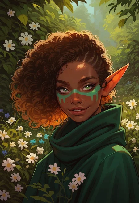 safe_pos, score_9, score_8_up, score_7_up, outdoors, rimlight, solo, 1girl, beautiful, elf girl, wood elf, freckles, green face paint, brown hair, curly hair, short hair, big natural afro, ((light brown hair)), tanned skin, dark skin, bedroom eyes, innocent smile, green cape, flowers, tall, athletic, big perky boobs