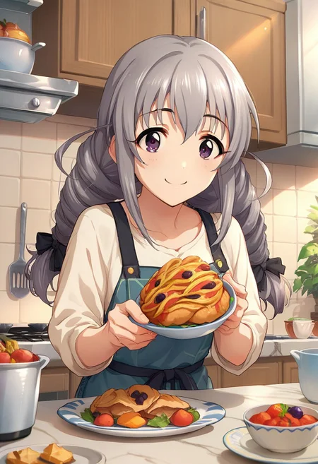 score_9, score_8_up, score_7_up, source_anime,sakakibara satomi, grey hair, long hair, purple eyes, twintails, 1girl, food, braid, kitchen, smile
