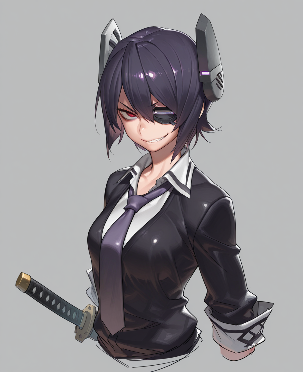 <lora:amrkdrw:1> amrkdrw,
(masterpiece), (best quality), (ultra-detailed), amazing quality, very aesthetic, illustration, perfect composition, intricate details, absurdres, incredibly absurdres, shiny skin, realistic,
 amrkdrw, headgear, short hair, smile, grin, 1girl, eyepatch, red eyes, necktie, purple hair, weapon, sword, gloves, simple background, solo, sensitive
