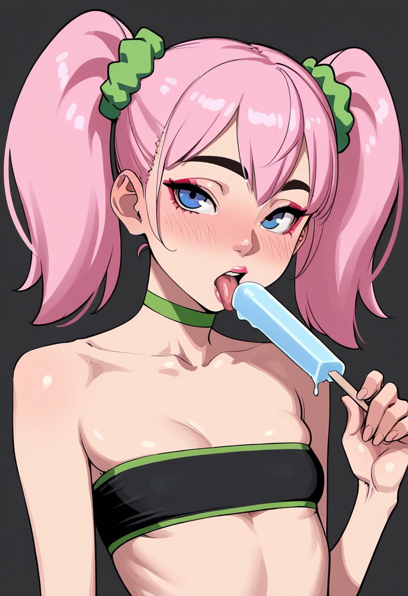 masterpiece, best quality, 1girl, skinny, flat breasts, blue eyes, (pink candy hair, two pigtails), green elastic scrunchie, makeup, blush, black tube top, portrait, licking popsicle, holding, popsicle,