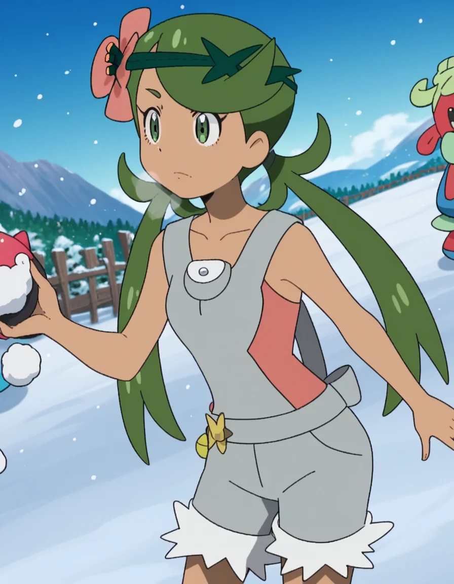 score_9, score_8_up, score_7_up, source_anime, <lora:pokemon-mallow-anime-ponyxl-lora-nochekaiser:1>, mallow, long hair, bangs, hair ornament, twintails, green eyes, flower, green hair, hair flower, dark skin, dark-skinned female, swept bangs, mallow (pokemon), collarbone, sleeveless, pink shirt, overalls,, snow day, winter clothes, snowball fight, laughter, cold breath, white landscape, , , elbow bent, hand on thigh, foot pointed, solo,, cowboy shot, dutch angle