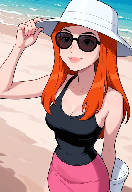 gwenuaf, 1girl, long hair, black tank top, long pink summer skirt, white bucket hat, sunglasses, solo,, orange hair, lips, breasts, smile , masterpiece, best quality, amazing quality, very aesthetic, absurdres, newest, on the beach, summer vacation,