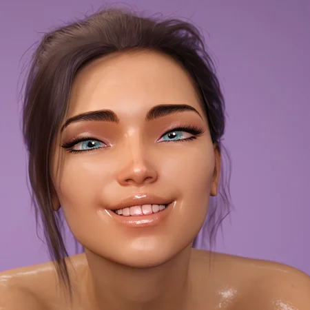 easynegative, masterpiece,best quality, highly detailed, score_9, score_8_up, score_7_up, score_6_up,
1 girl, solo, Brenna, grey-blue eyes, black hair, beautiful girl, shiny look, dark skin.
happy face, smiling, face focus, close up of face. purple background.