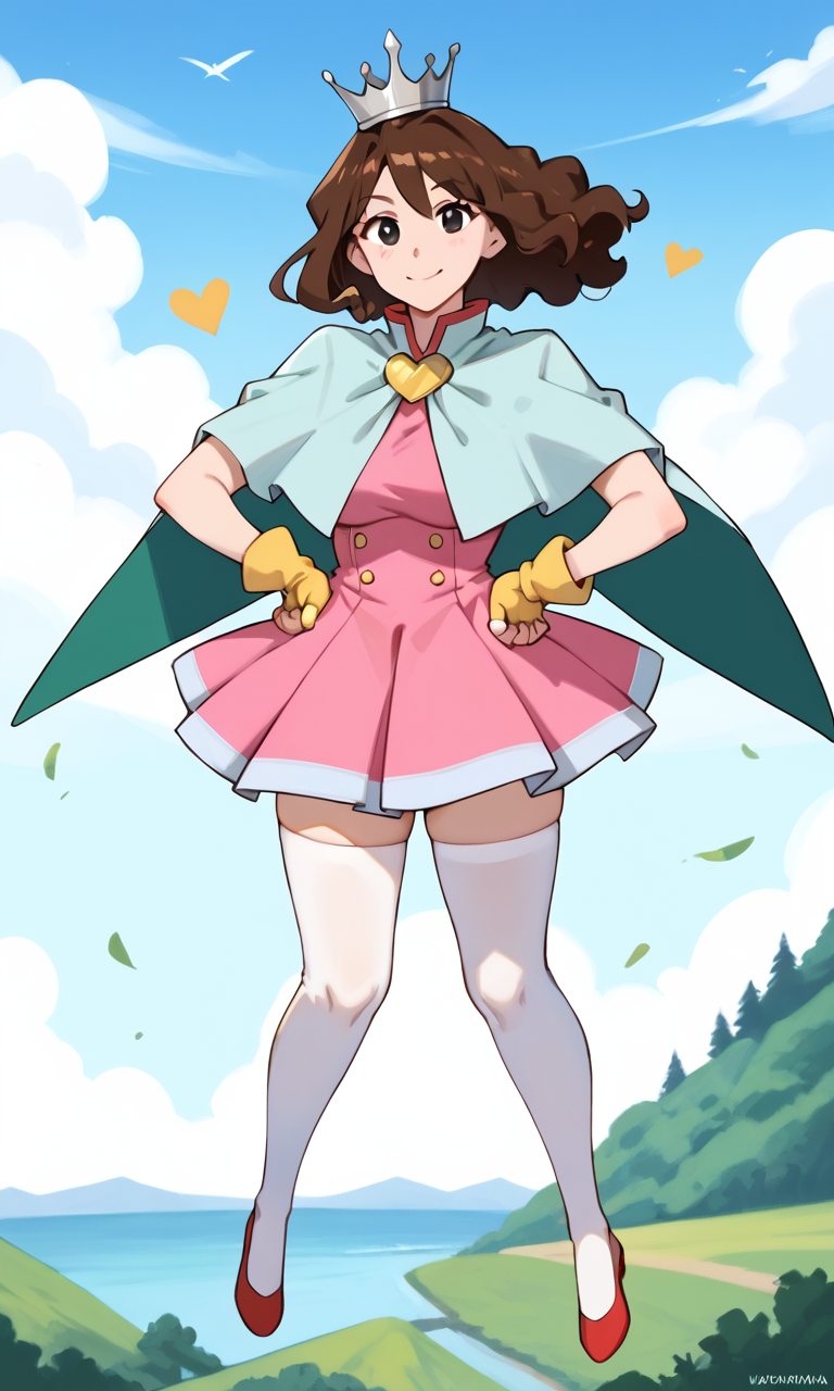 (1girl:1.5), (solo:1.3), (score_9, score_8_up, score_7_up, score_6_up, score_5_up, score_4_up), (source_anime), rating_questionable, looking at viewer, (full body), (outdoors, blue sky, floating, High-rise:1.5),
 (nohara-misae), (black eyes, brown hair, medium hair, perm hair, voluminous hair, fluffy hair, parody hair), (large breasts, wide hips, thick thighs), <lora:nohara-misae-onsen_v1-4:0.8> (silver crown, light blue capelet:1.3), (pink dress, pleated dress, tutu, layered clothes, green capelet, green split cape, yellow heart brooch, yellow fingerless gloves, white thighhighs, red footwear), smile,  hands on own hips, standing,