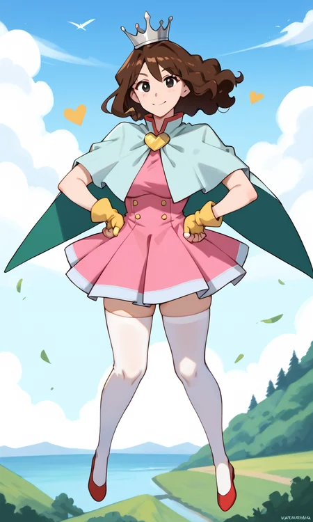(1girl:1.5), (solo:1.3), (score_9, score_8_up, score_7_up, score_6_up, score_5_up, score_4_up), (source_anime), rating_questionable, looking at viewer, (full body), (outdoors, blue sky, floating, High-rise:1.5),
(nohara-misae), (black eyes, brown hair, medium hair, perm hair, voluminous hair, fluffy hair, parody hair), (large breasts, wide hips, thick thighs), <lora:nohara-misae-onsen_v1-4:0.8> (silver crown, light blue capelet:1.3), (pink dress, pleated dress, tutu, layered clothes, green capelet, green split cape, yellow heart brooch, yellow fingerless gloves, white thighhighs, red footwear), smile, hands on own hips, standing,