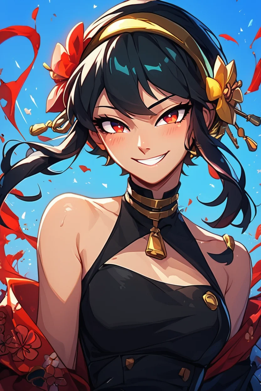 score_9, score_8_up, score_8, medium breasts, (curvy), cute, eyelashes, BREAK, , BREAK, YorForger, 1girl, black hair, red eyes, short hair with long locks, gold hairband, hair flower, black choker, black dress, sleeveless, off shoulder, floral print, fingerless gloves, <lora:YorForgerXLpony004:0.8>,, <lora:EnergyCAT:1.0>, solo, looking at viewer, upper body, aura, blue sky, , BREAK, smile, looking at viewer, cowboy shot, embedding:zPDXL, Expressiveh, <lora:SDXLFaeTastic2400:0.5>, <lora:Expressive_H-000001:0.4>,