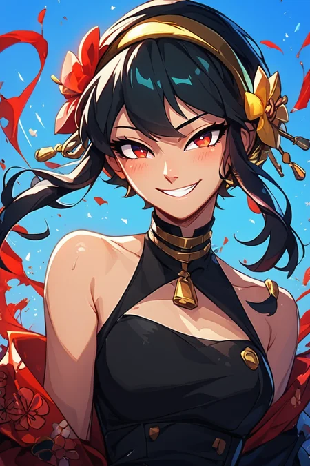 score_9, score_8_up, score_8, medium breasts, (curvy), cute, eyelashes, BREAK, , BREAK, YorForger, 1girl, black hair, red eyes, short hair with long locks, gold hairband, hair flower, black choker, black dress, sleeveless, off shoulder, floral print, fingerless gloves, <lora:YorForgerXLpony004:0.8>,, <lora:EnergyCAT:1.0>, solo, looking at viewer, upper body, aura, blue sky, , BREAK, smile, looking at viewer, cowboy shot, embedding:zPDXL, Expressiveh, <lora:SDXLFaeTastic2400:0.5>, <lora:Expressive_H-000001:0.4>,