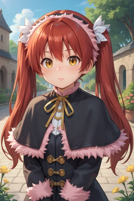 (score_9, score_8_up, score_7_up, score_6_up), source anime, BREAK, <lora:Emilia:0.8> , emidef, 1girl, red hair, long hair, twintails, yellow eyes, pink fur trim, fur-trimmed hairband, fur-trimmed capelet, black capelet, (face), (close-up), BREAK, <lora:zy_Detailed_Backgrounds_v1:0.3> , detailed background, highly detailed, exterior, garden, courtyard, scenery, flowers, <lora:SnowStylePonyXL:0.8>