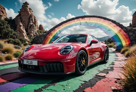 bronze object, silver frame,
Porsche 911 GTS driving along a rainbow bridge in a mythical landscape filled with magical creatures, vibrant colors, fantastical and dreamlike setting, numberplate reads FLUX,
secretlab