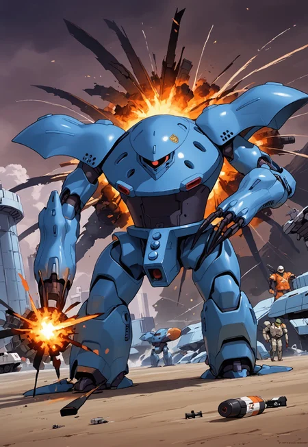 score_9, score_8_up, score_7_up, source_anime, cowboy shot, front view, BREAK, ( hygogg, blue_hygogg_armor, red monoeye, looking to the side, turned to the side, leaning forward, legs apart, one hand raised, firing missile from palm of hand, explosion in palm of hand, missile pod pieces exploding away from hand, long claws, only one eye,) 1mech, mech focus, solo, BREAK, smoke, explosion in background, ice cliffs, stormy sky, antarctic base, building, people running, black smoke, wrecked mecha,