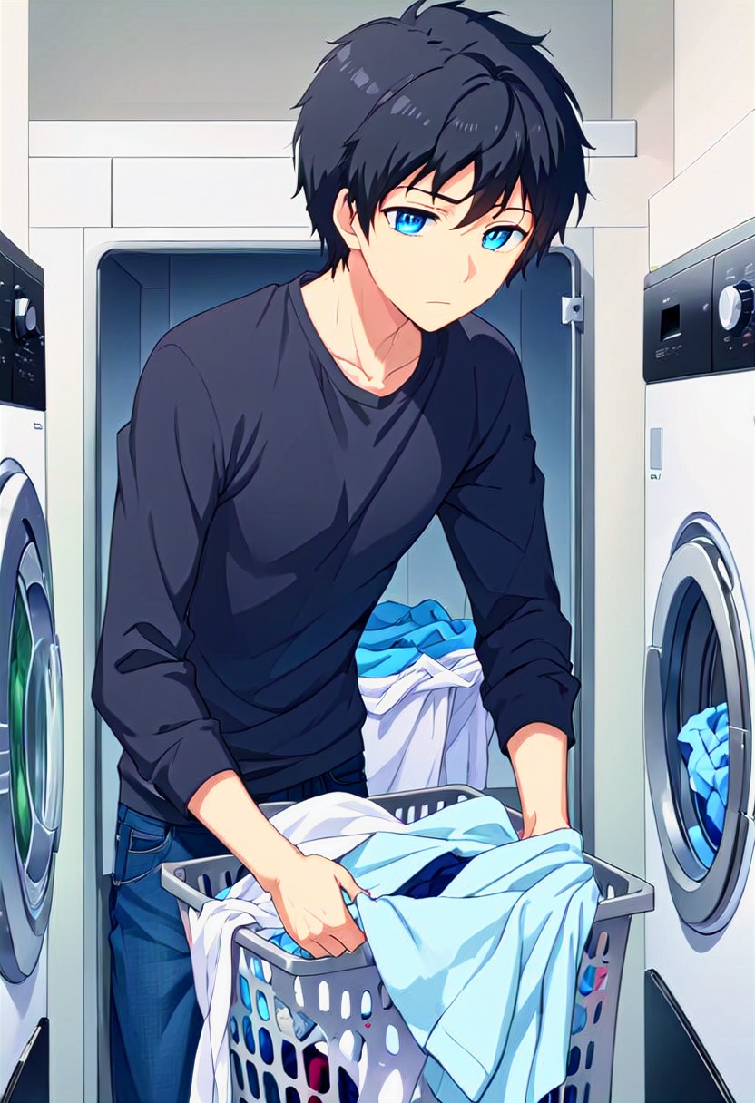 high resolution, solo, best quality, 1Boy, Arata Kaziaki, Black Hair, Blue Eyes, Laundry day, washing machine, folding clothes,