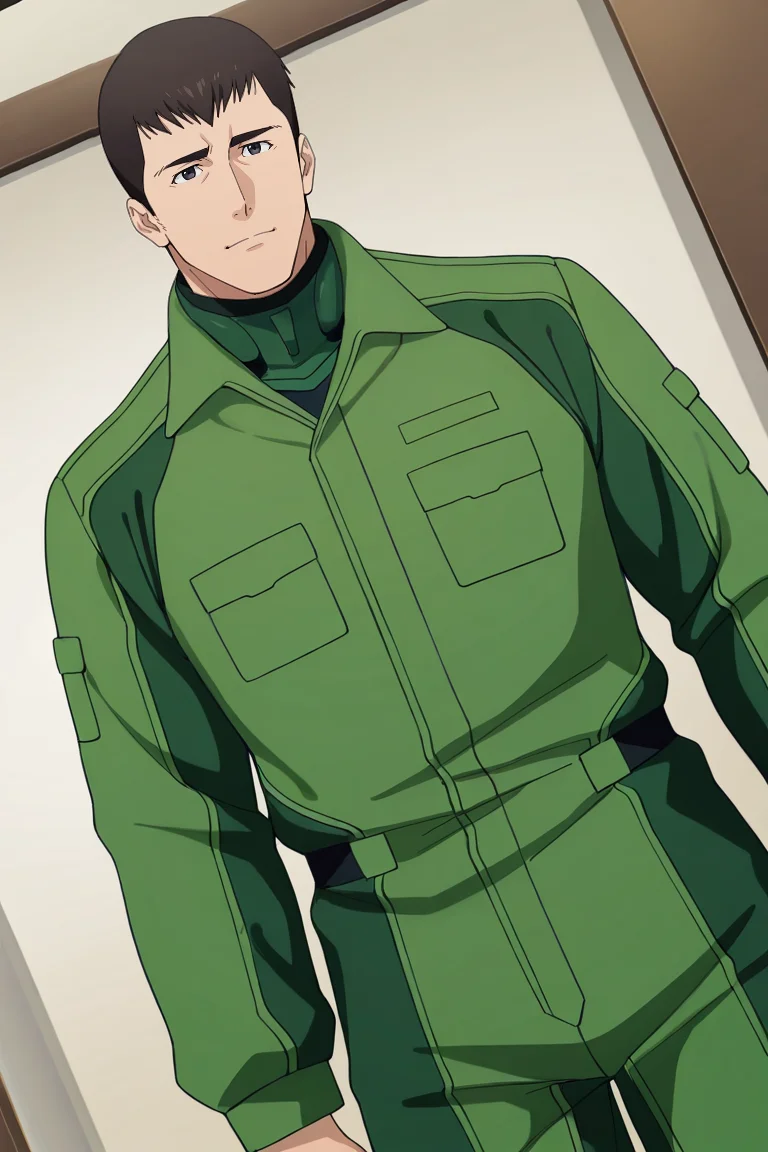 score_9, score_8_up, score_7_up, score_6_up, perfect anatomy, perfect proportions, best quality, masterpiece, high_resolution, high quality, best aesthetic, incredibly absurdres, highres, extremely detailed, huge filesize, solo male, adult, mature, masculine, manly, handsome, charming, alluring, standing, upper body, dutch angle, cowboy shot, perfect face, source_anime \(Brave Bang Bravern\), anime coloring \(Brave Bang Bravern\),  BBBSatake, Ryuji Satake \(Brave Bang Bravern\), black hair, short hair, black eyes, BBBSatake_outfit03, black undershirt, green pilot jumpsuit, black boots